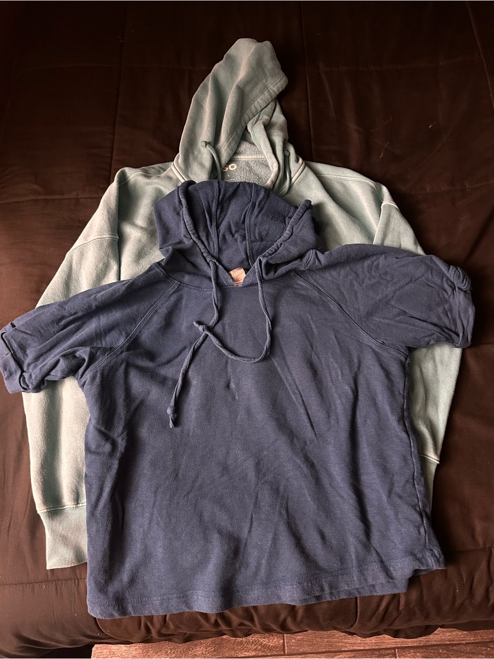 Natural Reflections Navy Short-Sleeve Hoodie Over Light Blue Pullover